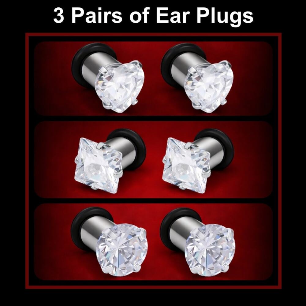 3 Pairs 6G/4mm CZ Ear Gauges Plugs Silver 316L Surgical Steel Round Square Heart